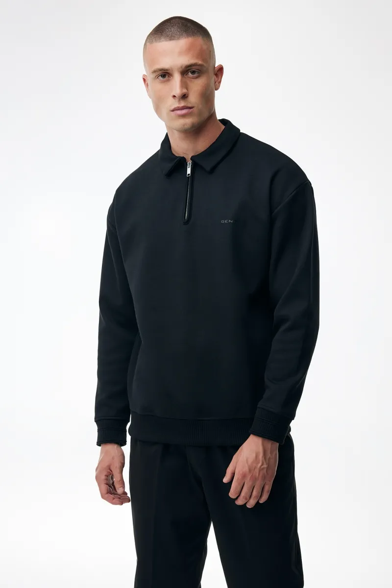 Polo Zip Sweater | Zwart