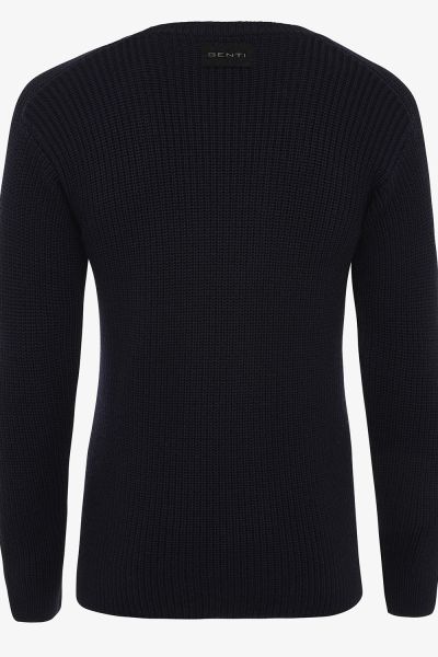 Wollen trui structuur ronde hals Donkerblauw