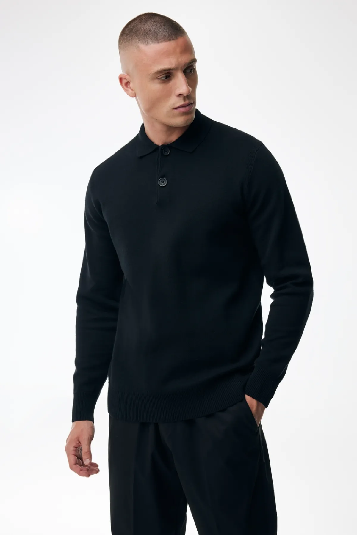 Longsleeve Button Polo | Zwart