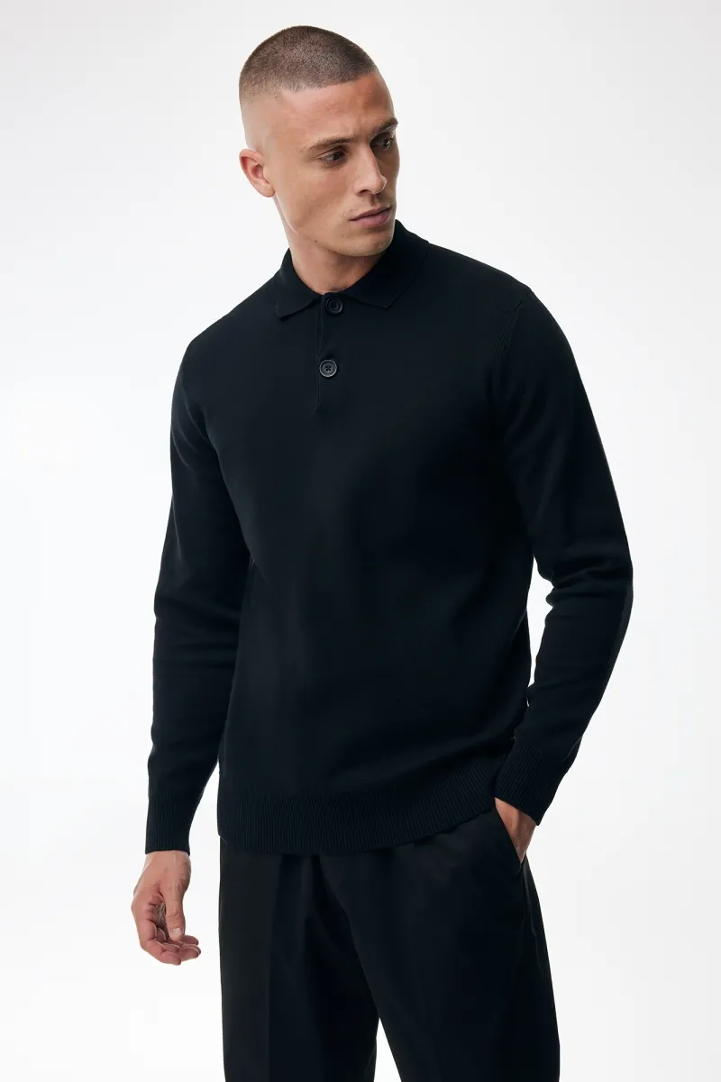 Longsleeve Button Polo | Zwart