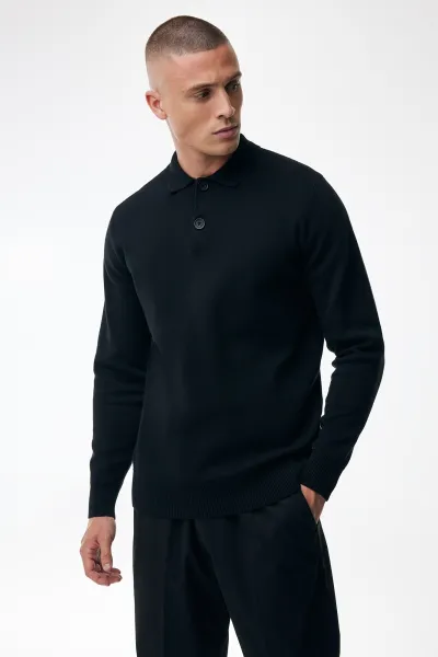 Longsleeve Button Polo | Zwart