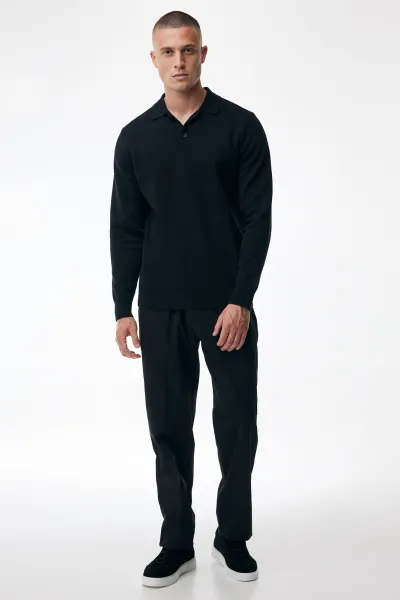 Longsleeve Button Polo | Zwart
