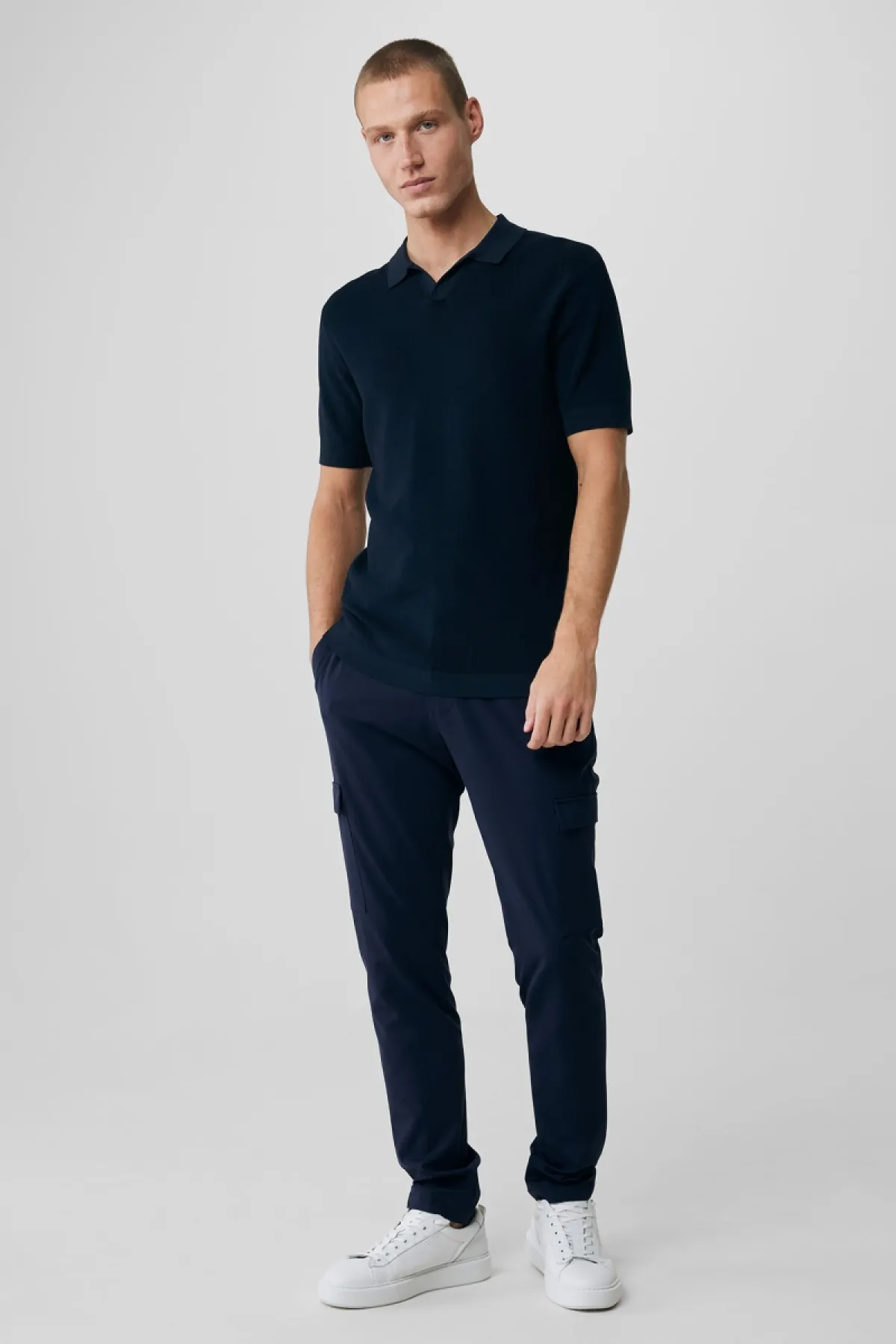 No button polo structuur donkerblauw